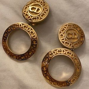 Vintage Christian Dior Clip on Gold Logo Statement Earrings
